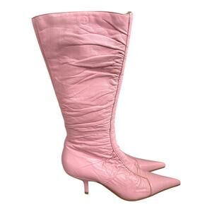 Bronx Leather Knee High Boots 37 Pointed Toe Kitten Heel Y2K Barbiecore Pink